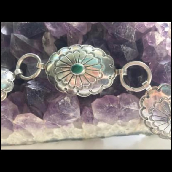 Vintage Navajo Handmade Concho Stamped Sterling Silver Malachite Belt Med Adjust - Picture 10 of 15